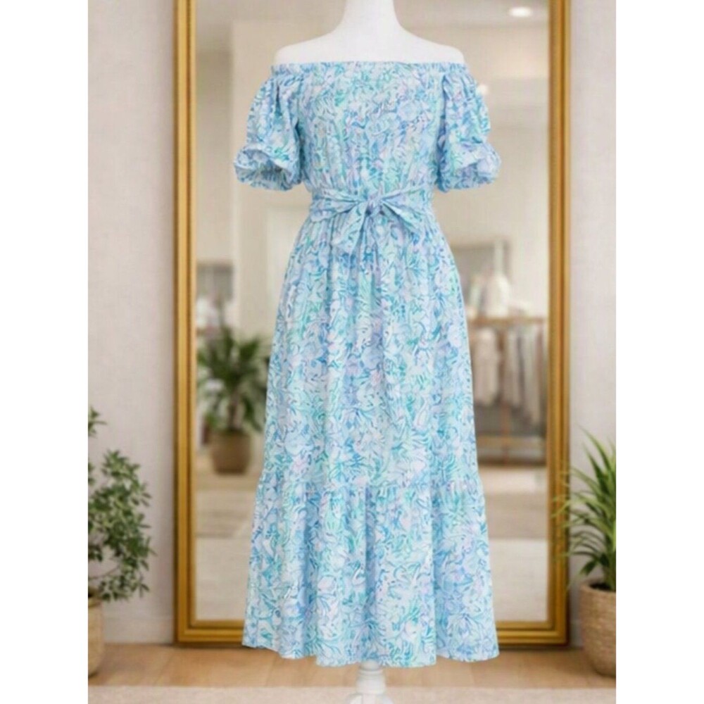 Lilly Pulitzer Women’s Tamie Off-the-Shoulder Midi Dress in Surf Blue Size Small